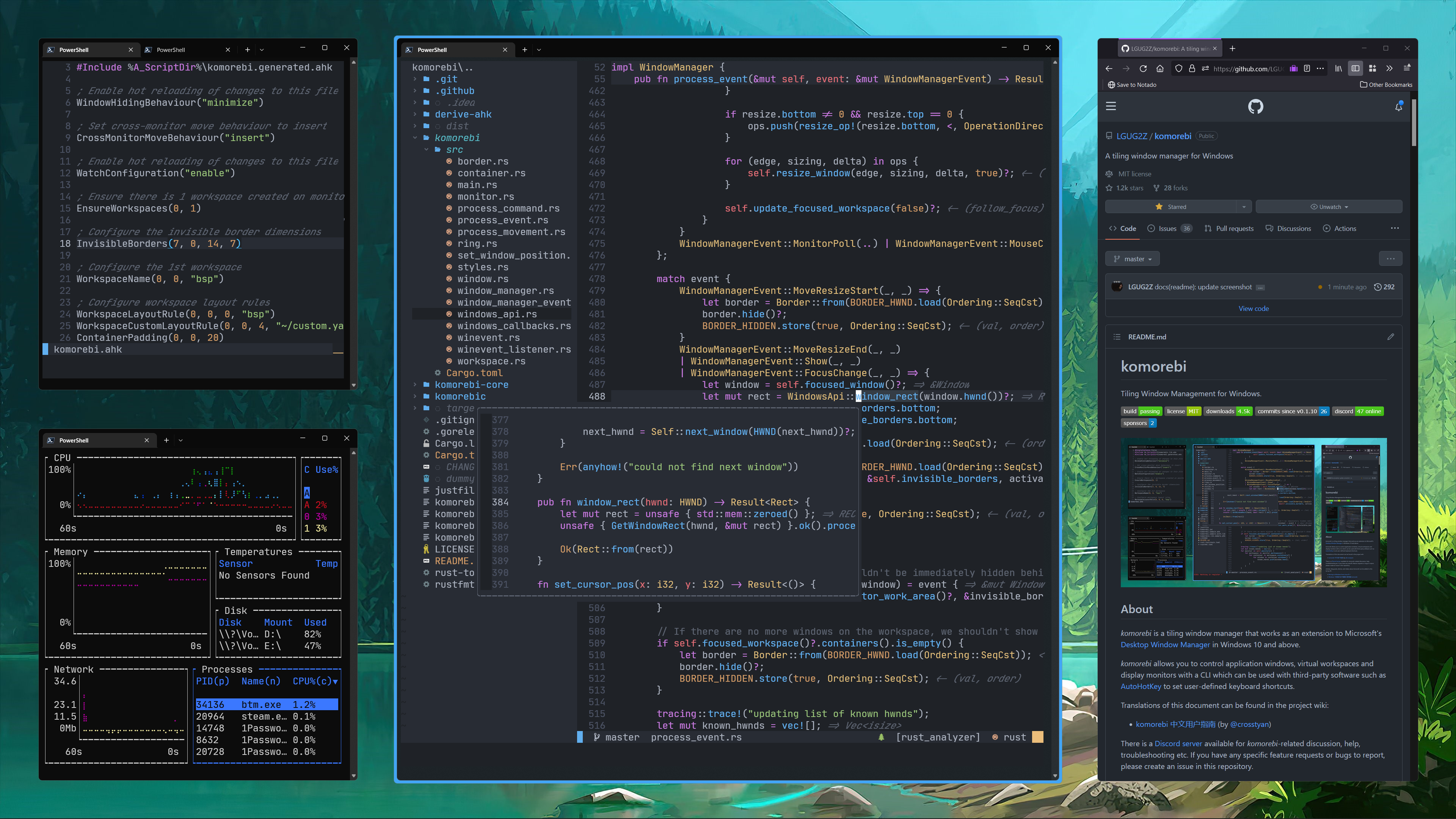 Komorebi tiling window manager desktop with BSP layout and colored borders